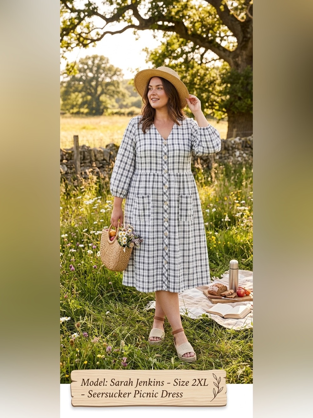 Plaid Button Front Seersucker Picnic Midi Dress - 2XL Plus Size